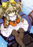  1girl big_hair black_legwear bow brown_hair cravat dress drill_hair flat_chest goggles goggles_on_head green_eyes hair_bow long_hair looking_to_the_side maria_balthasar mecha pantyhose sitting_on_hand size_difference solo solo_focus typo_(requiemdusk) water white_dress xenogears yellow_bow 