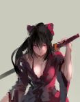  black_bra black_hair bow bra breasts cleavage closed_mouth commentary_request hair_bow japanese_clothes katana kimono large_breasts long_hair looking_at_viewer noccu noihara_himari omamori_himari ponytail purple_eyes sketch solo sword underwear very_long_hair weapon 