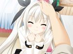  :3 bed blush bow bows eyes_closed hand_on_head hapitora happy happy_transportation limia_de_wolfstein loli pat peko petting pig_tails short_twintails smile twintails uniform white_hair 