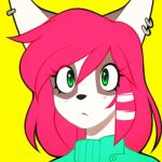  ambiguous_gender anthro black_nose canid canine canis clothed clothing green_eyes hair hybrid long_hair low_res mammal marblesoda piercing procyonid raccoon red_hair rikki simple_background solo wolf 