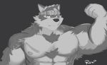  abs armpit_hair canid canine canis fur headband hi_res horkeukamui male male/male mammal muscular nipples pecs radcanine scared tokyo_afterschool_summoners video_games white_fur wolf 