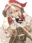  belt breasts brown_gloves closed_mouth cosplay female_my_unit_(fire_emblem_if) fire_emblem fire_emblem_if gloves hands_on_headwear highres hood hood_up long_hair long_sleeves medium_breasts my_unit_(fire_emblem_if) nintendo petals pointy_ears red_eyes renkonmatsuri simple_background smile velour_(fire_emblem_if) velour_(fire_emblem_if)_(cosplay) white_background white_hair 