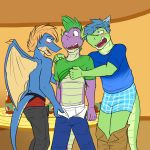  anthro boxers_(clothing) clothed clothing clothing_lift dragon friendship_is_magic fuze hi_res male male/male my_little_pony pants_down partially_clothed scalie sharp_(fuze) shirt shirt_lift snort_(fuze) spike_(mlp) topless underwear undressing 