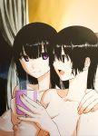  2girls aftersex black_hair breasts brown_eyes highres large_breasts looking_at_another multiple_girls nipples nude open_mouth purple_eyes smile sweat yuri 