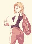  1girl android_18 ass bare_arms bare_shoulders beige_background black_shirt blonde_hair blue_eyes commentary_request cowboy_shot cup dragon_ball dragon_ball_super dragonball_z drinking_straw earrings expressionless fingernails from_below gym_uniform highres holding holding_cup jacket jacket_over_shoulder jacket_removed jewelry looking_back pants parted_lips pink_pants shirt short_hair simple_background sleeveless sleeveless_shirt solo sweat sweatdrop tasaka_shinnosuke upper_body wristband 