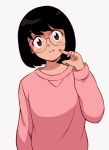  1girl 49s-aragon bangs black_hair freckles glasses head_tilt long_sleeves looking_at_viewer original pink_shirt poking_self shirt short_hair simple_background solo upper_body white_background 