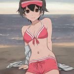  1girl akagi_(fmttps) arm_support artist_name bangs beach bikini bikini_shorts breasts brown_eyes brown_hair cleavage closed_mouth commentary day double_vertical_stripe front-tie_bikini front-tie_top girls_und_panzer grey_sky hat leaning_to_the_side light_smile looking_at_viewer medium_breasts nakajima_(girls_und_panzer) navel ocean off_shoulder pink_bikini pink_hat shirt short_hair short_shorts shorts sitting solo swimsuit twitter_username visor_cap white_shirt 