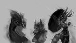  16:9 2018 4k absurd_res ambiguous_gender anthro antlers avian big_breasts bird breasts canid clothed clothing eyes_closed female feral grey_background group hair hi_res horn hybrid mammal mits_(character) monochrome nipples raining simple_background snout umbrella watsup wings 