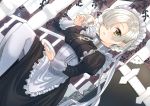  1girl apron azur_lane bangs black_dress blush breasts brick_wall brown_eyes brown_hair chains collar commentary_request cup dress dutch_angle feet_out_of_frame frilled_apron frills hair_over_one_eye holding holding_cup holding_saucer juliet_sleeves lamppost long_sleeves looking_at_viewer medium_breasts metal_collar pantyhose parted_lips pillar puffy_sleeves railing saucer sheffield_(azur_lane) sitting sitting_on_stairs solo stairs suitcase teacup tsukiman waist_apron white_apron white_legwear window 