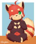  4_fingers 4_toes ailurid ambiguous_gender blush cub cute_fangs green_eyes hi_res looking_at_viewer mammal navel norphen one_eye_closed paws red_panda simple_background sitting slightly_chubby toes wink young 