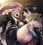  1boy 1girl amputee angry baiken big_hair blush breasts brown_hair carrying clenched_hand couple embarrassed eyepatch facial_tattoo glasses guilty_gear guilty_gear_xrd headband highres jako_(toyprn) japanese_clothes kataginu kimono large_breasts long_hair mito_anji multicolored multicolored_clothes multicolored_kimono one-eyed open_clothes open_kimono open_mouth ponytail princess_carry red_eyes scar scar_across_eye scarf short_hair tattoo thighs yellow_scarf 