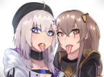  2girls aa-12_(girls_frontline) bags_under_eyes bangs beret black_headwear blue_eyes brown_hair candy choker eyebrows_visible_through_hair food girls_frontline hair_ornament hat highres jacket lollipop multiple_girls myuunium pill scar side_ponytail sidelocks silver_hair tongue tongue_out ump45_(girls_frontline) zipper 