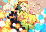  1girl :d bai_yemeng black_headwear blush eyeball eyebrows_visible_through_hair green_eyes green_hair green_skirt hat heart heart_of_string highres komeiji_koishi long_sleeves looking_at_viewer open_mouth shirt short_hair skirt smile third_eye touhou wide_sleeves yellow_shirt 