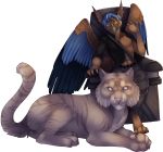  2019 alpha_channel ambiguous_gender anthro archery_(artist) avian blue_eyes blue_feathers blue_hair clothed clothing digital_media_(artwork) duo feathered_wings feathers felid feral gryphon hair hi_res male mammal pantherine simple_background tiger transparent_background wings 