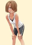  1girl black_shorts brown_eyes brown_hair dark_skin easy_(aqk7bdqt) hair_over_one_eye hands_on_own_knees leaning_forward looking_at_viewer shirt short_hair shorts simple_background smile solo standing tokedase!_mizorechan white_shirt 