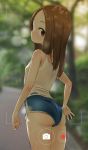  1girl absurdres ass blurry blurry_background brown_eyes brown_hair buruma child closed_moth female from_behind gym_uniform highres karakai_jouzu_no_takagi-san long_hair looking_at_viewer looking_back note2000 shirt solo standing takagi-san white_shirt 