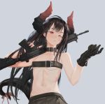  1girl bangosu bare_arms bare_shoulders belt belt_buckle beltbra black_belt black_gloves black_hair black_skirt blush buckle collarbone commentary_request curled_horns dragon_girl dragon_horns dragon_tail explosive fingernails gloves grenade grey_background gun holding holding_gun holding_weapon horns light_smile long_hair looking_away looking_to_the_side nail_polish navel one_eye_closed over_shoulder pink_nails pleated_skirt red_eyes simple_background single_glove skirt solo tail very_long_hair vgaming virtual_youtuber weapon weapon_over_shoulder weapon_request yoruno_yui 
