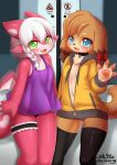  2019 anthro blue_eyes blush brown_fur brown_hair canid canine canis clothed clothing collar cub domestic_dog dragon duo female fur green_eyes hair hi_res legwear looking_at_viewer mammal open_mouth pawpads paws pink_body standing stockings white_hair wings wolflong young 