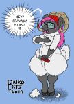  2019 baiko baikobits big_breasts bovid breasts caprine covering covering_self eyewear female glasses green_eyes hair horn huge_breasts mammal pink_hair sheep simple_background solo voluptuous wide_hips 