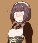  1girl areolae blush breasts breasts_outside brown_hair embarrassed maid maid_headdress nipples nns_(sobchan) open_mouth original purple_eyes short_hair simple_background small_breasts solo upper_body wardrobe_malfunction 