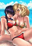  2girls amamiya_ren arm_support asymmetrical_docking bare_shoulders beach bikini blonde_hair blue_eyes breast_press breasts cloud day hands_on_stomach jiro-knightraider lips long_hair looking_at_viewer medium_breasts medium_hair multiple_girls navel outdoors partially_submerged persona persona_5 purple_eyes purple_hair sitting sky smile summer sunglasses swimsuit takamaki_anne water wet 