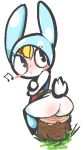  animal_crossing anthro bottomless butt clothed clothing crossed_arms female francine_(animal_crossing) grass hair hat headgear headwear lagomorph leporid looking_back mammal musical_note nintendo rabbit raised_tail solo stump surferdude video_games whistle 