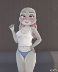  2019 anthro areola bedroom_eyes blush breasts camel_toe clothed clothing colored digital_media_(artwork) disney es74 eyelashes female fur grey_fur half-closed_eyes hand_on_hip hi_res judy_hopps lagomorph leporid looking_at_viewer mammal multicolored_fur navel nipples open_mouth panties purple_eyes rabbit seductive shirt simple_background smile solo standing tank_top teeth thick_thighs tongue topwear translucent translucent_clothing two_tone_fur underwear zootopia 