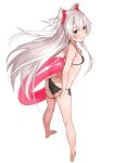  1girl absurdres adjusting_clothes adjusting_swimsuit amatsukaze_(kantai_collection) ass bare_legs barefoot bikini breasts cleavage flower from_above from_behind full_body hair_flower hair_ornament hair_ribbon halterneck highres innertube kantai_collection long_hair open_mouth ribbon scan side-tie_bikini silver_hair simple_background small_breasts solo standing strap_gap swimsuit takanashi_kei_(hitsujikan) two_side_up very_long_hair white_background yellow_eyes 