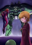  ass bodysuit breasts brown_hair cape commentary_request gacha-m gloves green_eyes gundam gundam_unicorn haro helmet long_hair looking_at_viewer marida_cruz mecha military military_uniform mineva_lao_zabi multiple_girls open_mouth orange_hair pilot_suit ponytail short_hair uniform 