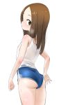  1girl absurdres ass brown_eyes brown_hair buruma child closed_moth female from_behind gym_uniform highres karakai_jouzu_no_takagi-san long_hair looking_at_viewer looking_back note2000 shirt simple_background solo standing takagi-san white_background white_shirt 