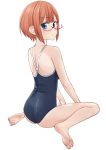  1girl ass barefoot blue_eyes bokutachi_wa_benkyou_ga_dekinai brown_hair easy_(aqk7bdqt) feet frown glasses looking_at_viewer ogata_rizu school_swimsuit short_hair simple_background sitting soles solo swimsuit toes wariza white_background 