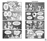  4koma animated_skeleton bone cave clothing coal_(rakkuguy) comic english_text eyebrows goo_creature hood horn_ring inside kobold lime_(rakkuguy) looking_at_another melee_weapon monochrome rakkuguy robe scalie shelley_(rakkuguy) shield skeleton sparkles speech_bubble staff sweat sword text undead weapon worried 