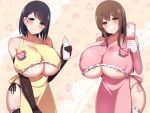  2girls apron areola_slip areolae artificial_vagina baby_bottle bare_hips bottle breasts brown_hair closed_mouth commentary_request copyright_request doily dutch_angle flashing frilled_apron frills half-closed_eyes hanabi_(ocha) hands_up head_tilt heart heart-shaped_pupils holding holding_pacifier huge_breasts looking_at_viewer multiple_girls narrow_waist nearly_naked_apron object_request pacifier pink_apron pink_theme puffy_nipples shiny shiny_skin smile standing symbol-shaped_pupils underboob yellow_apron 