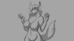  16:9 2018 4k absurd_res anthro big_breasts blush breasts canid canine canis chest_tuft domestic_dog female grey_background hair half-length_portrait hi_res mammal monochrome navel nipples nude open_mouth portrait pussy simple_background snout solo surprise tuft watsup 