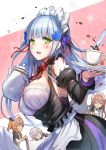  404_(girls_frontline) 4girls :o bangs blunt_bangs blush breasts brown_eyes brown_hair commentary cup detached_sleeves eyebrows_visible_through_hair facial_mark g11_(girls_frontline) girls_frontline green_eyes hair_between_eyes hair_ornament hairclip hk416_(girls_frontline) holding holding_teapot holding_tray large_breasts long_hair looking_at_viewer maid medium_breasts multiple_girls one_side_up open_mouth qian_wu_atai scar scar_across_eye silver_hair sleeping smile teardrop tray twintails ump45_(girls_frontline) ump9_(girls_frontline) very_long_hair yellow_eyes 