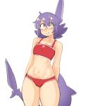  1girl eyebrows_visible_through_hair fins looking_at_viewer navel senatorwong shark shark_girl simple_background smile standing swimsuit tail white_background 