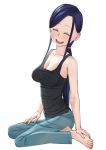  1girl barefoot blue_hair breasts cleavage denim easy_(aqk7bdqt) eyes_closed facing_viewer jeans long_hair low_ponytail medium_breasts open_mouth pants sidelocks simple_background sitting smile solo tokedase!_mizorechan very_long_hair white_background 