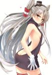  1girl absurdres amatsukaze_(kantai_collection) ass back backless_dress backless_outfit bangs bare_back bare_shoulders breasts brown_eyes butt_crack cowboy_shot dress eyebrows_visible_through_hair fingernails from_behind gloves grey_sweater hair_tubes halterneck highres kantai_collection long_hair looking_at_viewer looking_back meme_attire naked_sweater red_legwear ribbed_dress ribbed_sweater scan short_dress sideboob silver_hair simple_background single_glove small_breasts solo striped striped_legwear sweat sweater sweater_dress thighhighs turtleneck turtleneck_sweater two_side_up virgin_killer_sweater white_background white_gloves yahako zettai_ryouiki 