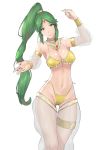  1girl anklet arabian_clothes armlet armpits bare_shoulders bikini blush bracelet breasts dancer dancing earrings green_eyes green_hair highres j@ck jewelry kid_icarus large_breasts long_hair looking_at_viewer midriff navel necklace nintendo palutena ponytail smile solo super_smash_bros. swimsuit tiara veil very_long_hair 