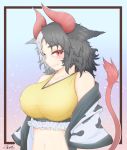  1girl animal_ears animal_print artist_name bare_shoulders black_hair blue_background blush breasts cleavage collarbone commentary_request cow_ears cow_horns cow_print cow_tail crop_top cube85 fang fang_out frills gradient gradient_background haori highres horns huge_breasts japanese_clothes long_sleeves looking_at_viewer midriff multicolored_hair navel off_shoulder outside_border pink_background purple_background red_eyes short_hair signature silver_hair smile solo sports_bra stomach tail thick_eyebrows touhou two-tone_hair upper_body ushizaki_urumi wide_sleeves 