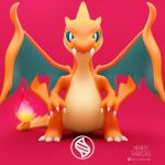  1:1 3_fingers 3_toes 3d_(artwork) digital_media_(artwork) fangs front_view green_eyes green_scales henry_vargas hi_res looking_at_viewer mega_charizard mega_charizard_y mega_evolution membranous_wings nintendo orange_scales pink_background pok&eacute;mon pok&eacute;mon_(species) scales simple_background standing toes video_games wings 