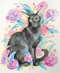  ambiguous_gender black_fur domestic_cat felid feline felis feral flower fur kaitycuddle mammal plant sitting traditional_media_(artwork) whiskers 