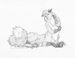  2015 black_nose canid canid_taur canine canine_taur chest_tuft claws convenient_censorship dipstick_ears dipstick_tail english_text eyebrows fluffy fluffy_tail fox fox_taur full-length_portrait gloves_(marking) graphite_(artwork) hair looking_at_viewer lying mammal markings monochrome multicolored_ears multicolored_tail neck_tuft nipples nude pawpads pencil_(artwork) portrait simple_background socks_(marking) solo taur text thetiedtigress traditional_media_(artwork) tuft white_background 