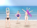  3girls animal_ears arms_up ass bare_arms bare_legs bare_shoulders barefoot beach bikini black_bikini black_ribbon blue_swimsuit breasts bunny_ears commentary_request feet_out_of_frame from_behind full_body hair_ribbon halterneck innertube interlocked_fingers izayoi_sakuya jumping konpaku_youmu large_breasts long_hair motion_lines multiple_girls ocean one-piece_swimsuit outdoors outstretched_arms own_hands_together photo_background purple_hair reisen_udongein_inaba ribbon shadow shiraue_yuu short_hair side-tie_bikini sidelocks silver_hair slingshot_swimsuit standing stretch swimsuit thighs touhou very_long_hair water 