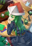  1girl aircraft baozi black_dress black_skirt crescent crescent_hair_ornament cup dress eating elbows_on_table food green_eyes green_hair green_tea hair_ornament highres izumo-ss-yoshitunedenn kantai_collection long_hair looking_back nagatsuki_(kantai_collection) paper_hat paper_kabuto papercraft scissors sitting skirt stuffed_toy tea 