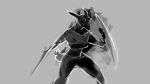  16:9 2018 4k absurd_res anthro breasts cervid clothed clothing female grey_background hi_res horn mammal melee_weapon monochrome shield simple_background snout solo sword watsup weapon 