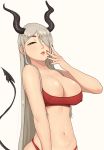  1girl bikini blush breasts cleavage demon_girl erect_nipples highres hikikomoriamy horns large_breasts lips long_hair looking_at_viewer monster_girl nail_polish navel open_mouth original silver_hair simple_background smile smug solo stomach succubus swimsuit tail 