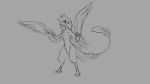  16:9 2018 4k absurd_res anthro avian chest_tuft female flat_chested grey_background hair hi_res long_hair looking_at_viewer monochrome nude pussy simple_background smile solo standing tuft watsup wings 
