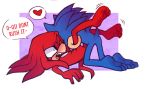  &lt;3 all_fours anthro arepakarma blush dialogue duo echidna eulipotyphlan hedgehog imminent_sex knuckles_the_echidna leg_grab lying male male/male mammal monotreme nude on_back one_eye_closed open_mouth sonic_(series) sonic_the_hedgehog toe_curl 