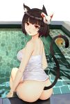  1girl :o animal_ear_fluff animal_ears ass azur_lane back bare_arms bare_legs bare_shoulders bell black_hair breasts butt_crack camisole cat_ears cat_tail fang fox_mask from_behind highres jingle_bell kamikakushi_no_ocarino large_breasts looking_at_viewer looking_back mask no_pants open_mouth panties panty_pull pool red_eyes shirt short_hair sleeveless sleeveless_shirt solo strap_gap tail underwear wading water white_panties white_shirt yamashiro_(azur_lane) 
